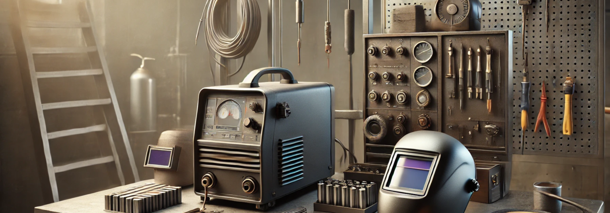 Équipement de soudure professionnel dans un atelier avec casque, gants, machine et outils