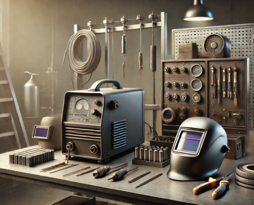 Équipement de soudure professionnel dans un atelier avec casque, gants, machine et outils