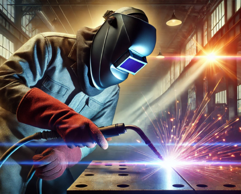 Soudage plasma en action avec un soudeur équipé utilisant une torche plasma dans un atelier industriel