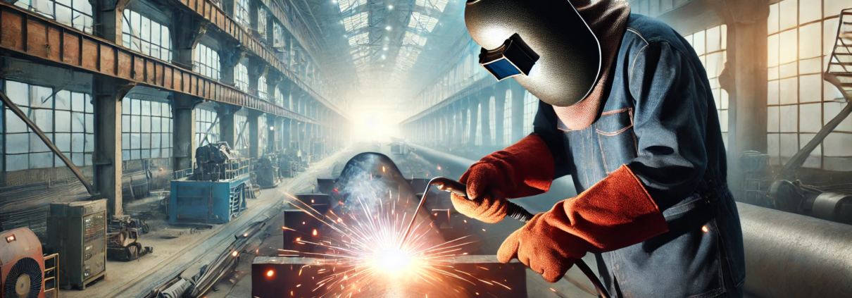 Soudeur dans une installation industrielle, travaillant sur une grande pièce métallique avec des étincelles