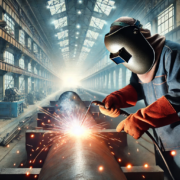 Soudeur dans une installation industrielle, travaillant sur une grande pièce métallique avec des étincelles