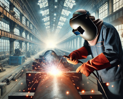 Soudeur dans une installation industrielle, travaillant sur une grande pièce métallique avec des étincelles