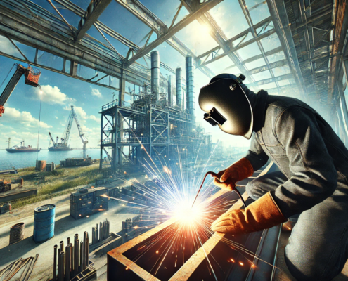 Soudeur en action sur une structure métallique en extérieur