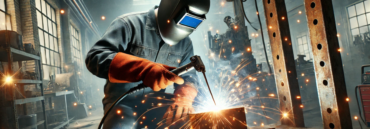 Soudeur portant un masque et des gants, travaillant sur une structure métallique avec des étincelles dans un atelier industriel