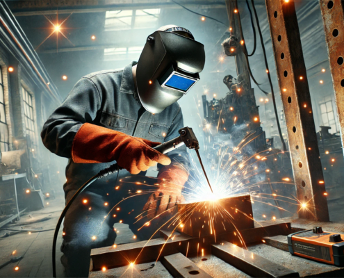 Soudeur portant un masque et des gants, travaillant sur une structure métallique avec des étincelles dans un atelier industriel