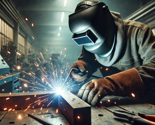 Soudeur en action avec des étincelles lumineuses, portant un masque et des gants dans un atelier industriel