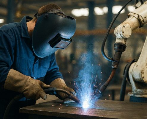 Soudeur professionnel en atelier travaillant aux côtés d’un bras robotisé, lors d’une opération de soudage MIG
