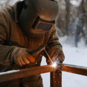 Soudeur renforçant une structure métallique en extérieur pour prévenir les effets du froid hivernal