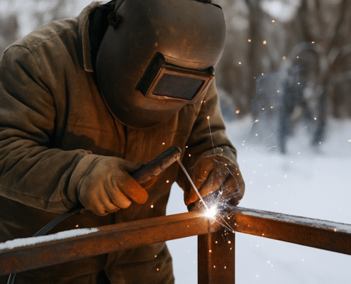 Soudeur renforçant une structure métallique en extérieur pour prévenir les effets du froid hivernal