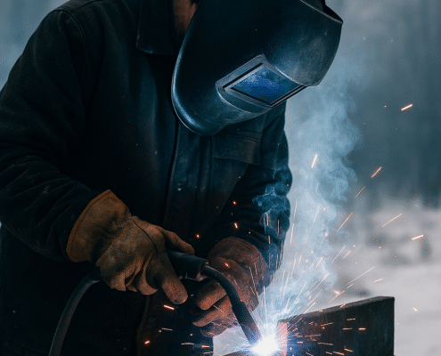 Soudeur en action par temps froid, portant une combinaison de protection et un casque, avec des étincelles illuminant l’air hivernal