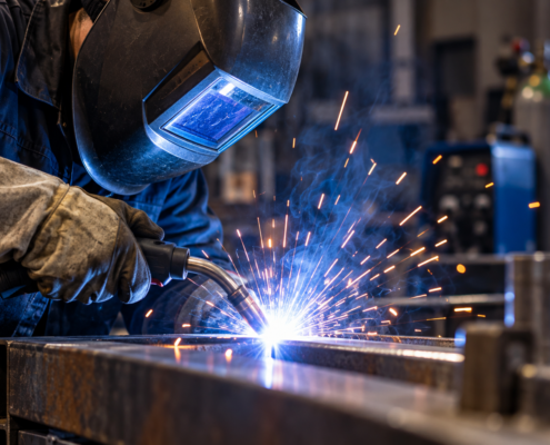 Soudeur réalisant une opération de soudage à l’arc dans un atelier